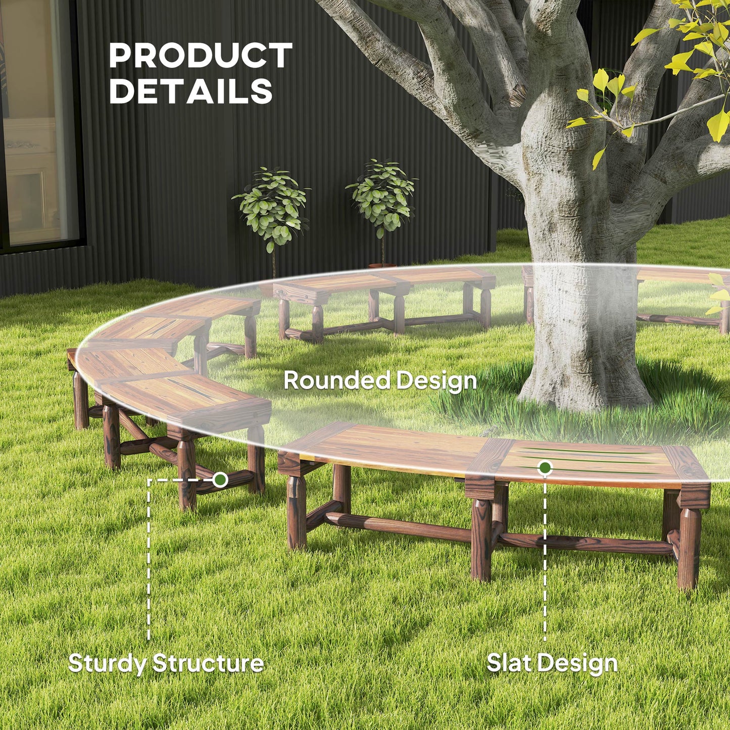 Wooden Outdoor Bench, Wrap Around Tree Bench with Slatted Seat for Yard, Garden, Deck, Lawn, Brown