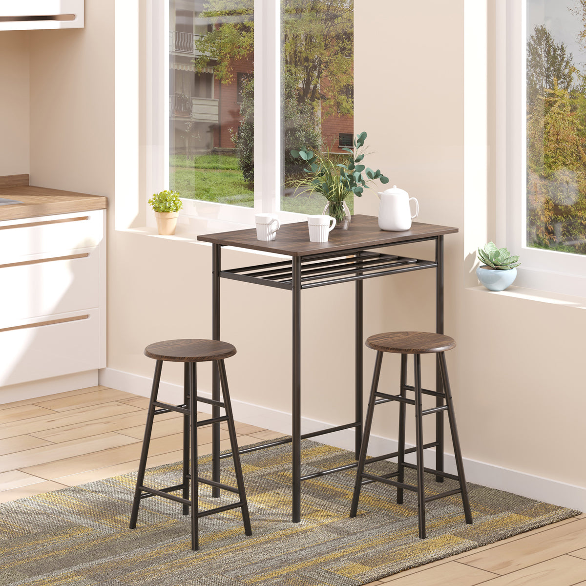 3 Piece Counter Height Bar Table Set with 1 Table, 2 Matching Stools, Dining Table Set with Storage Shelf and Metal Frame Footrest, Black and Oak