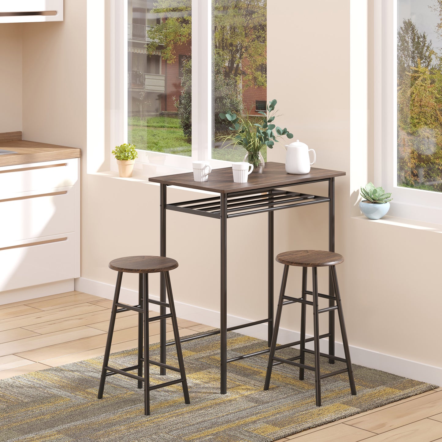 3 Piece Counter Height Bar Table Set with 1 Table, 2 Matching Stools, Dining Table Set with Storage Shelf and Metal Frame Footrest, Black and Oak