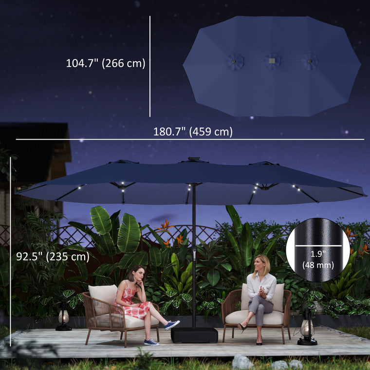 15' Dark Blue Double-Sided Umbrella with Base & 48 LED Lights