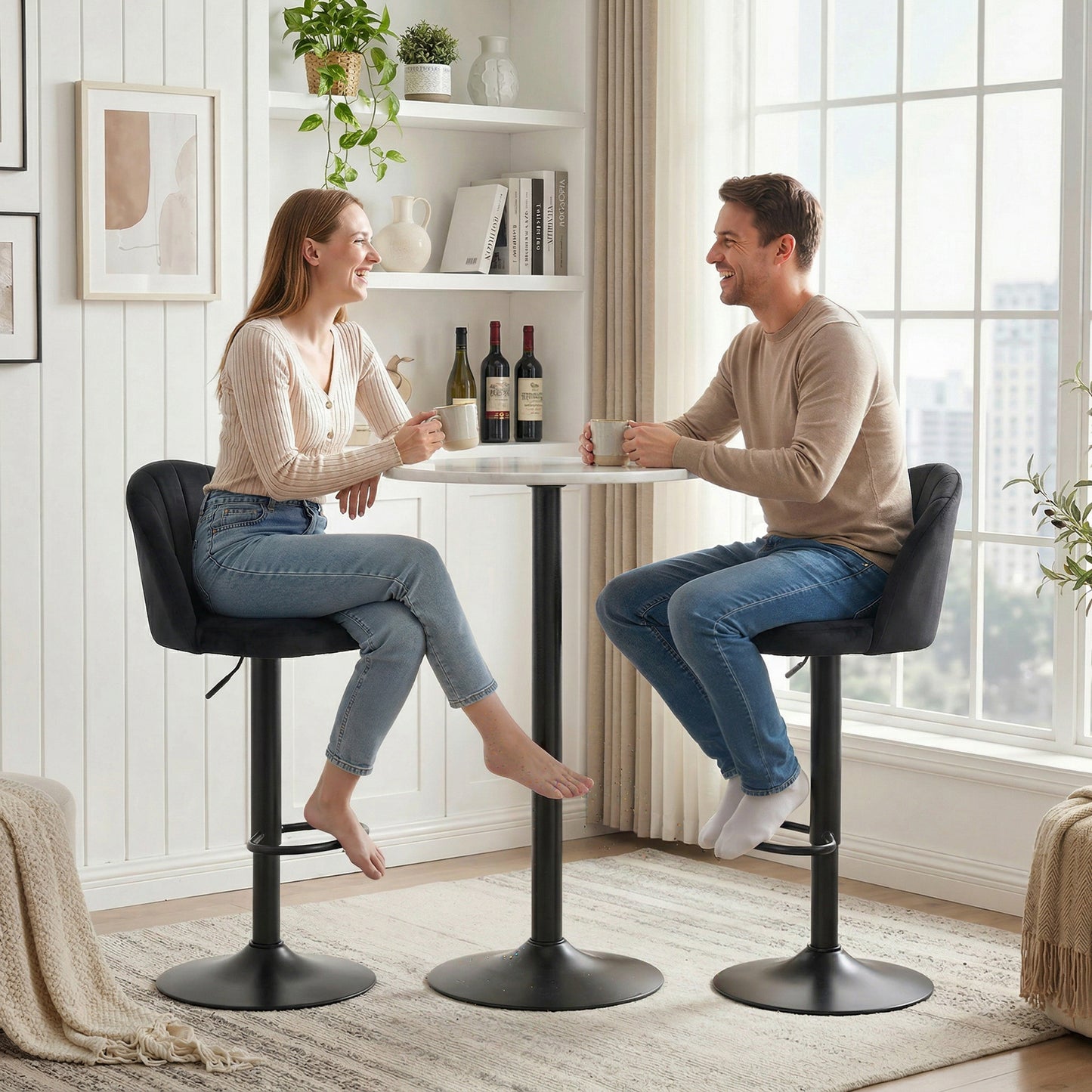 Bar Stools Set of 2, Swivel Counter Height Barstools with Footrest, Black