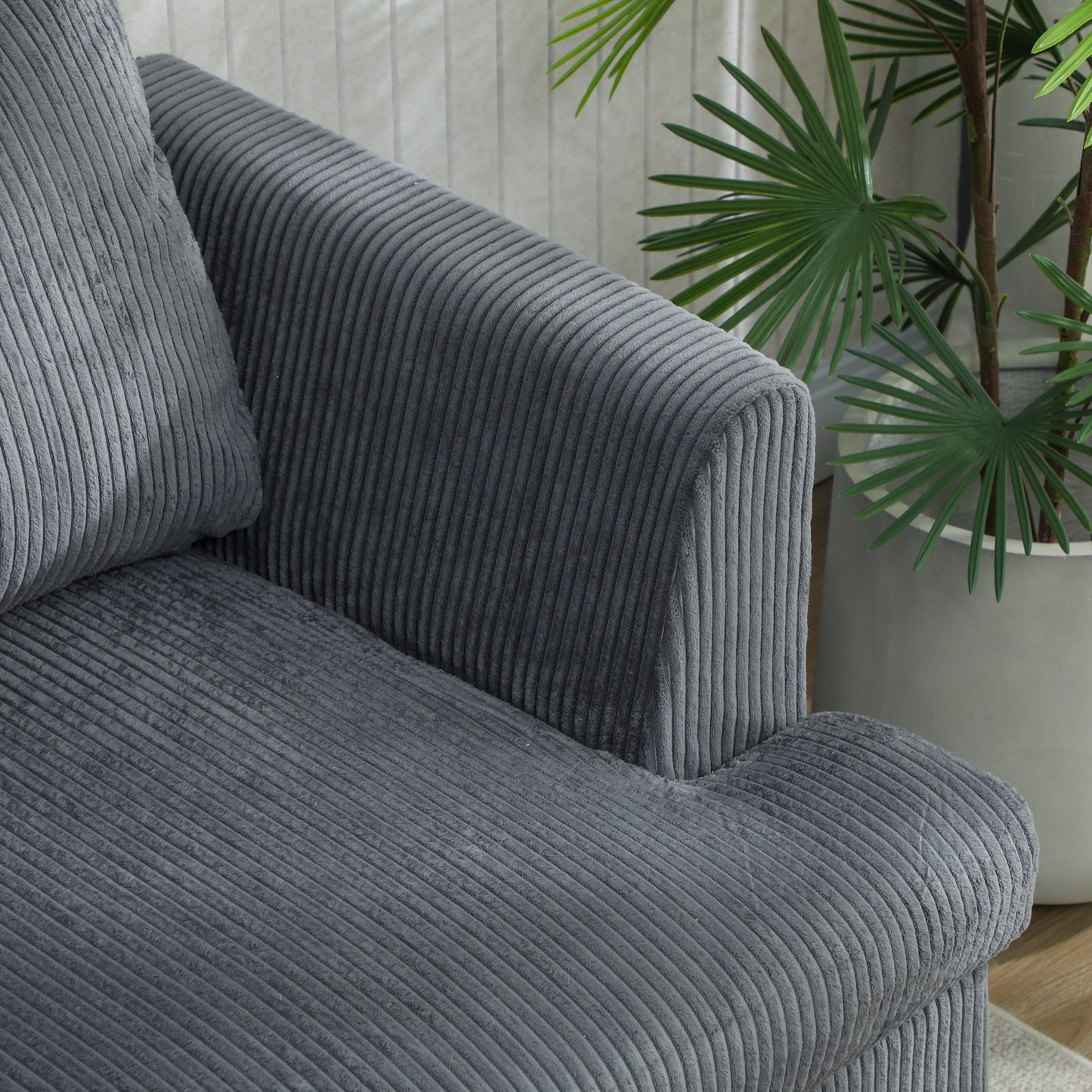 3 Seater Sofa, 74" Modern Corduroy Upholstered Couch with Thick Spring Cushions, Solid Wood Legs, Armrests, Dark Grey