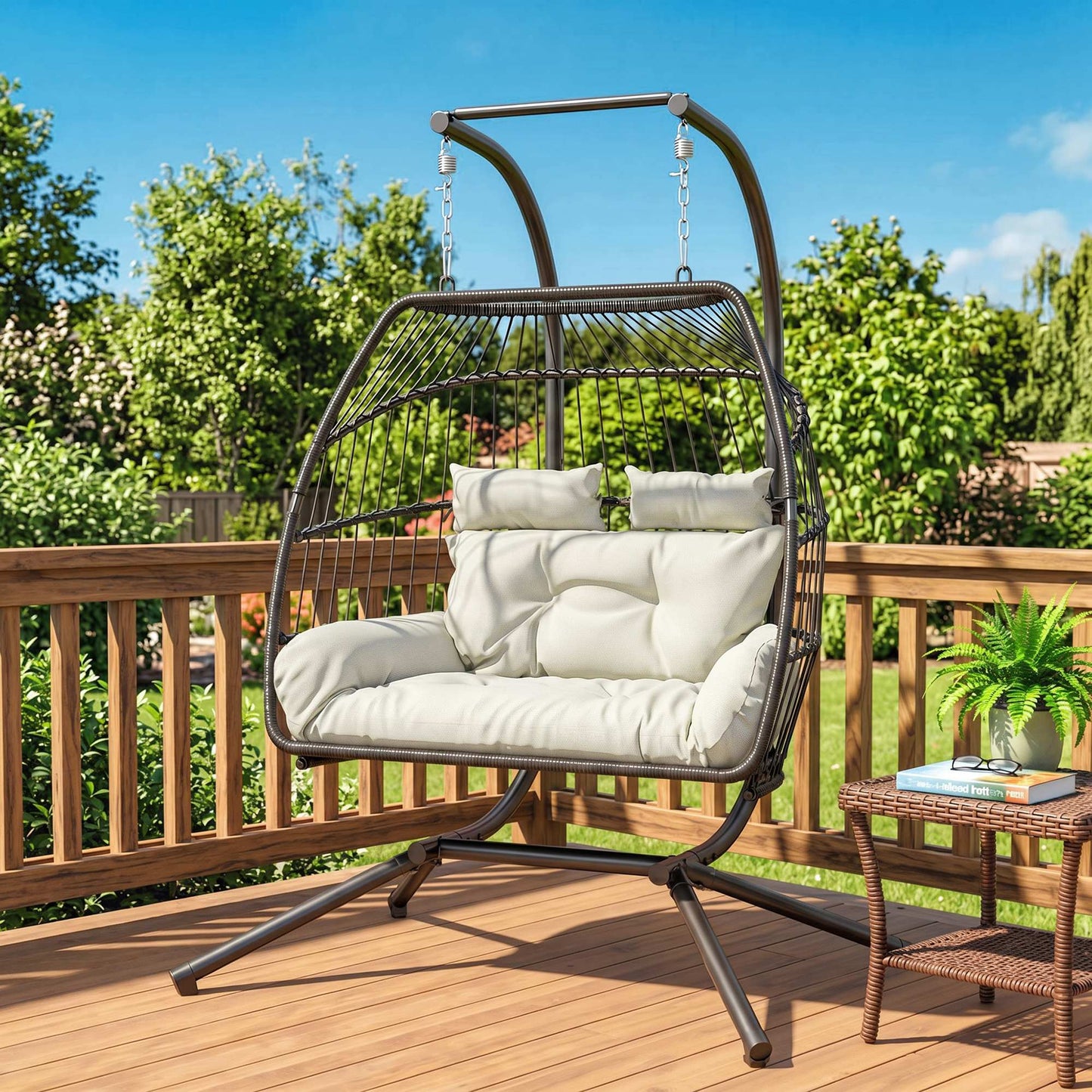 Double Wicker Egg Swing Chair with Stand, Foldable Hanging Egg Chair with UV Resistant Cushion, Headrest, Cream White