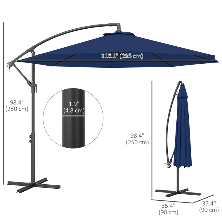 10' Navy Blue Banana Offset Umbrella with Crank & Cross Base