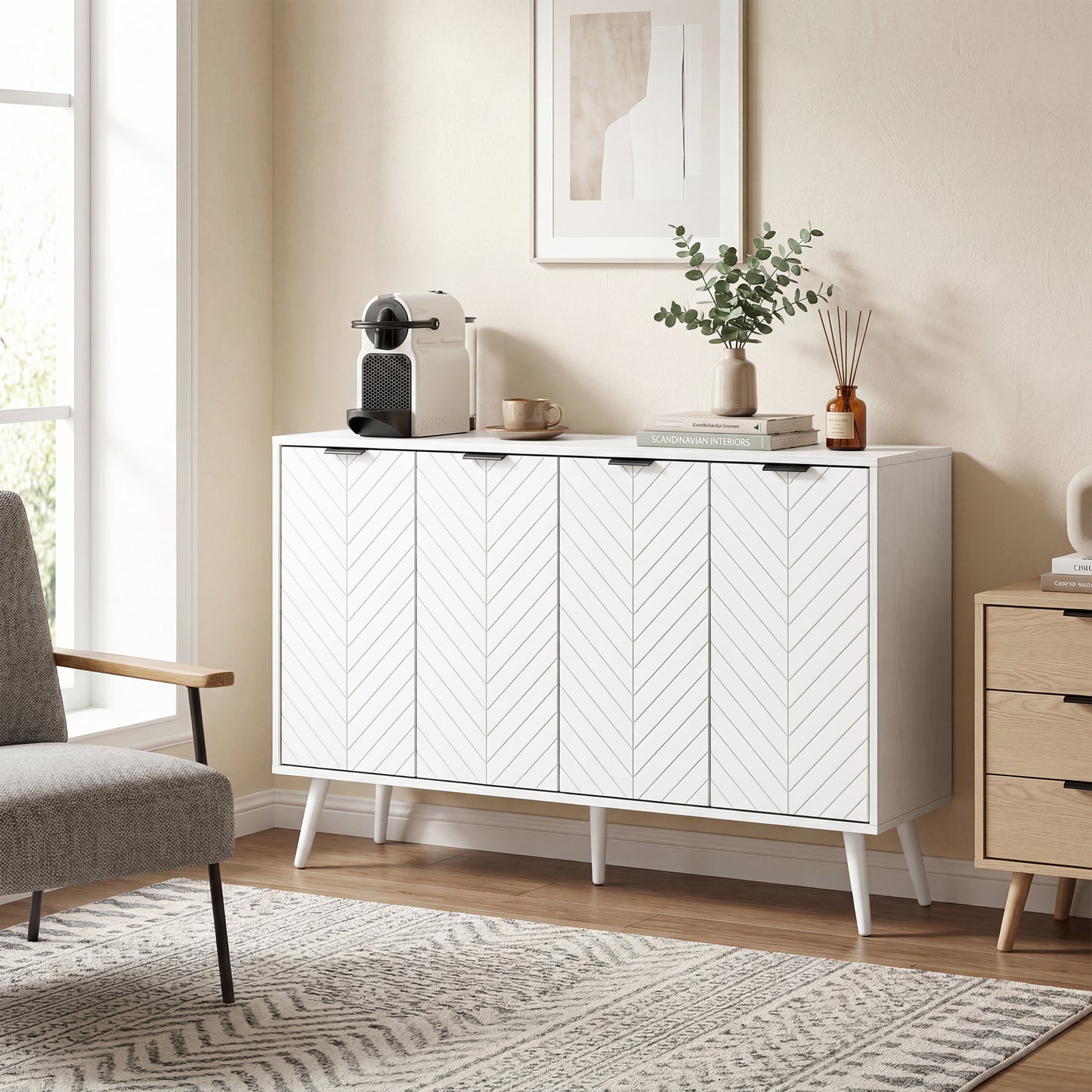 Modern Sideboard and Buffet, Dining Room Cabinet with Adjustable Shelves and 4 Doors, White