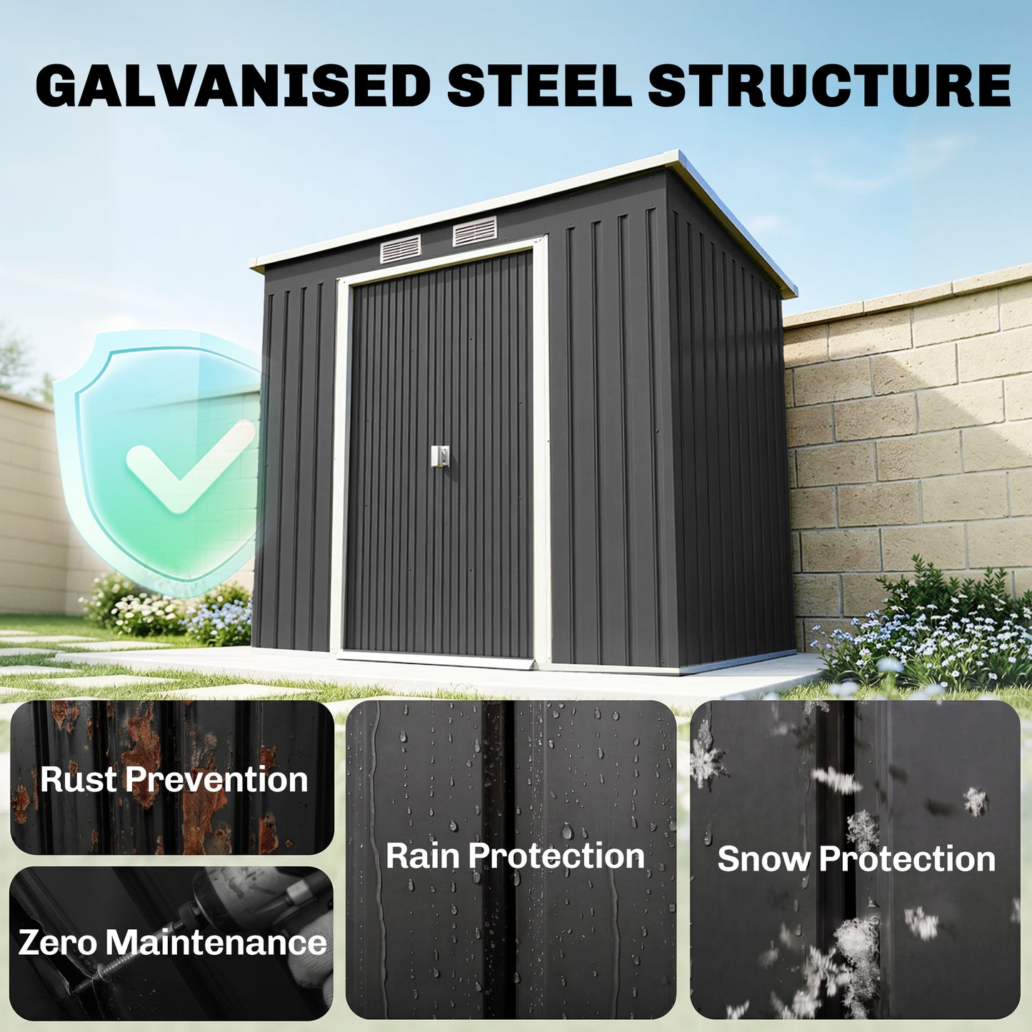 7' x 4' Galvanized Steel Garden Shed with Foundation Kit