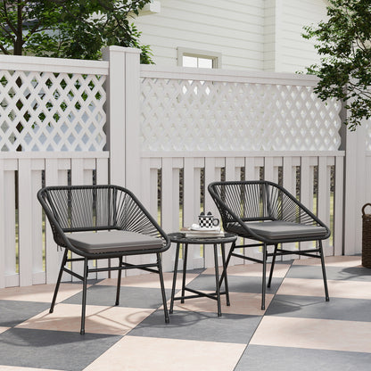 3-Piece Wicker Bistro Set with Glass Top Table - Black