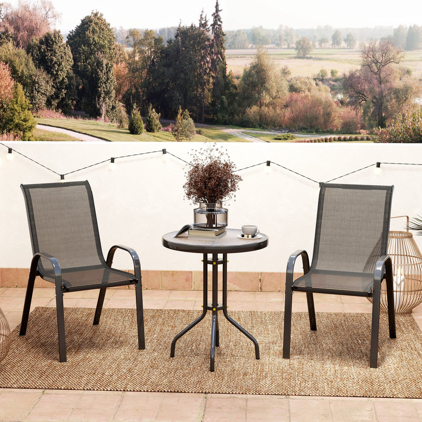 3 Pieces Bistro Set, Small Patio Furniture Set with Stackable Mesh Chairs, Glass Table for Garden, Light Mixed Brown