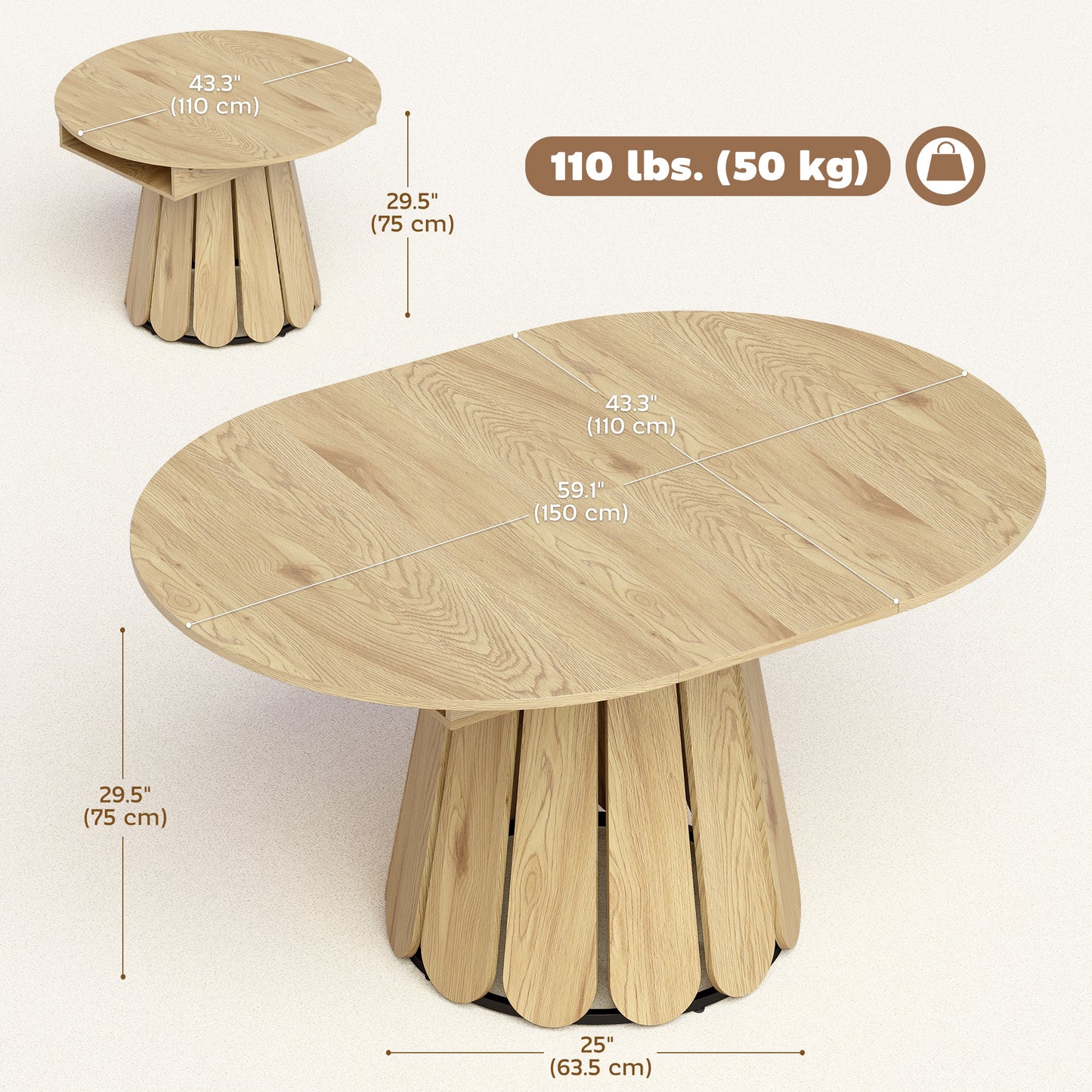 Extendable Dining Table, Round to Oval Convertible Kitchen Table with Storage Shelf for Dining Room, Natural