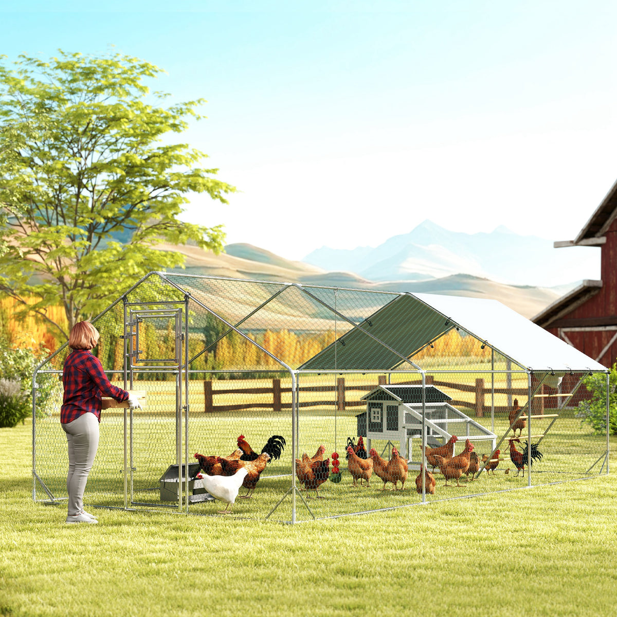 Large Metal Chicken Run with Waterproof & UV-Resistant Cover, Feeding Door, Hanging Feeder, Perch for 18-24 Chickens