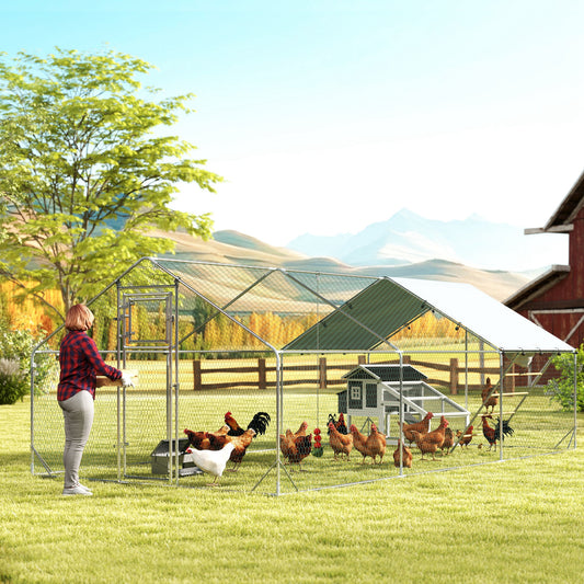 Large Metal Chicken Run with Waterproof & UV-Resistant Cover, Feeding Door, Hanging Feeder, Perch for 18-24 Chickens