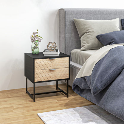 Bedside Table with 2 Drawers and Steel Frame - Black and Oak