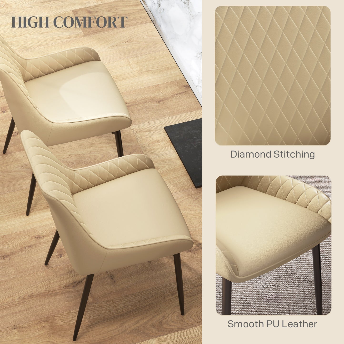 Upholstered Kitchen Chairs, Modern Dining Chairs Set of 2 with Diamond Tufting and Steel Legs for Dining Room, Khaki