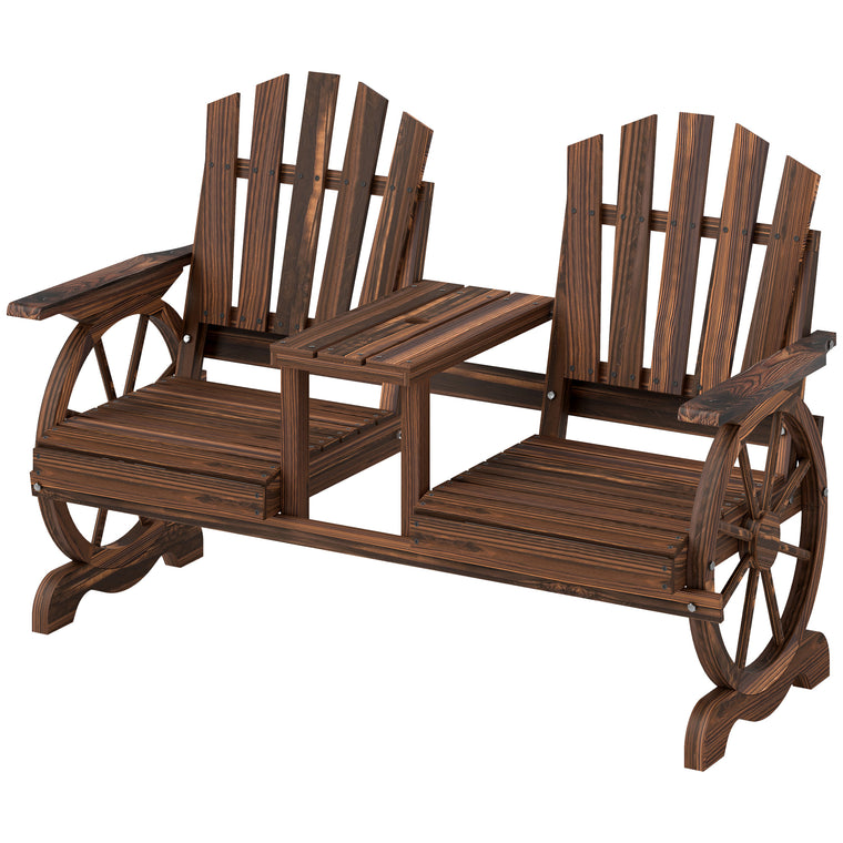Carbonized Wood Loveseat Bench with Wagon Wheel and Table