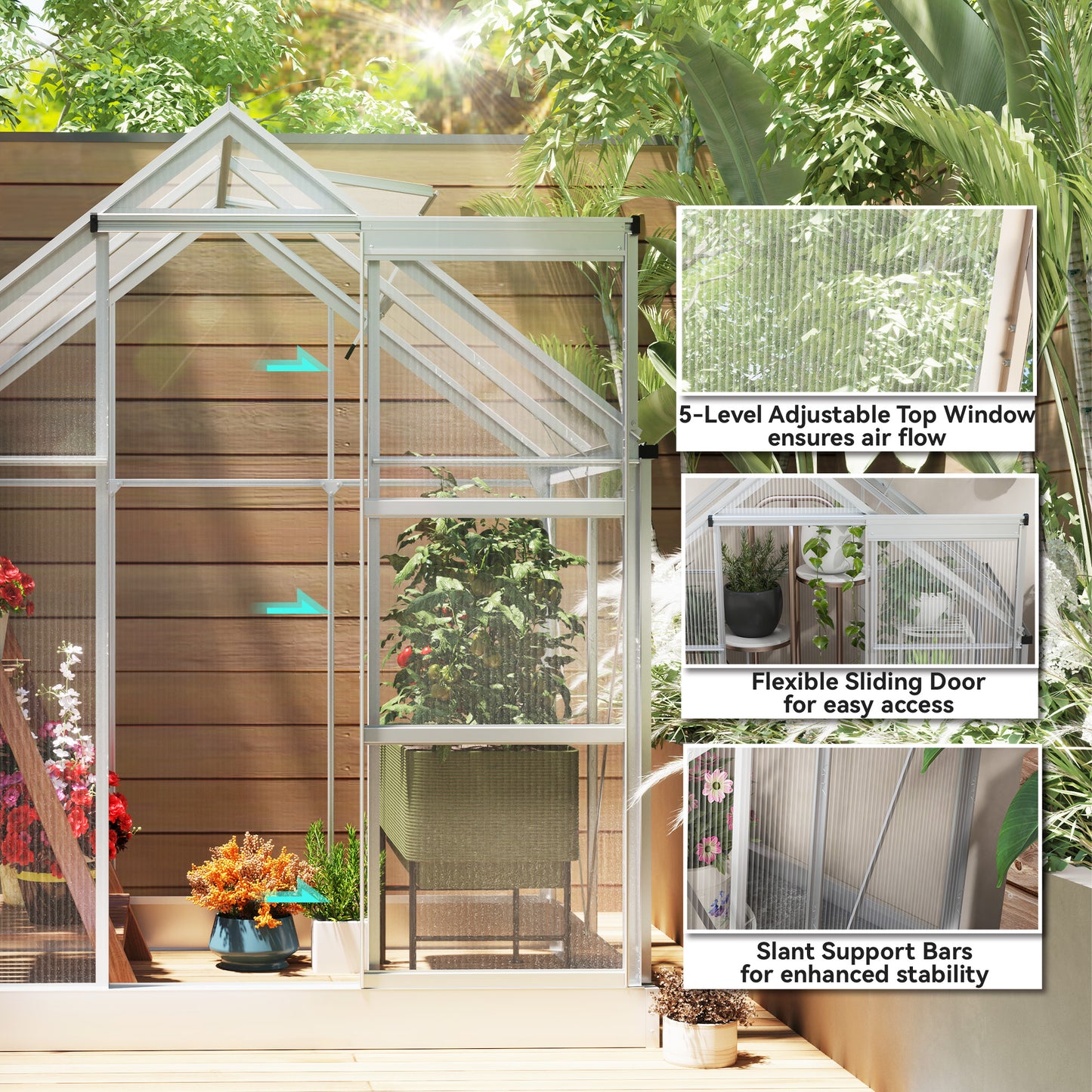 Walk-In Greenhouse, Polycarbonate Greenhouse with Sliding Door, Window, Aluminium Frame, Foundation, Silver