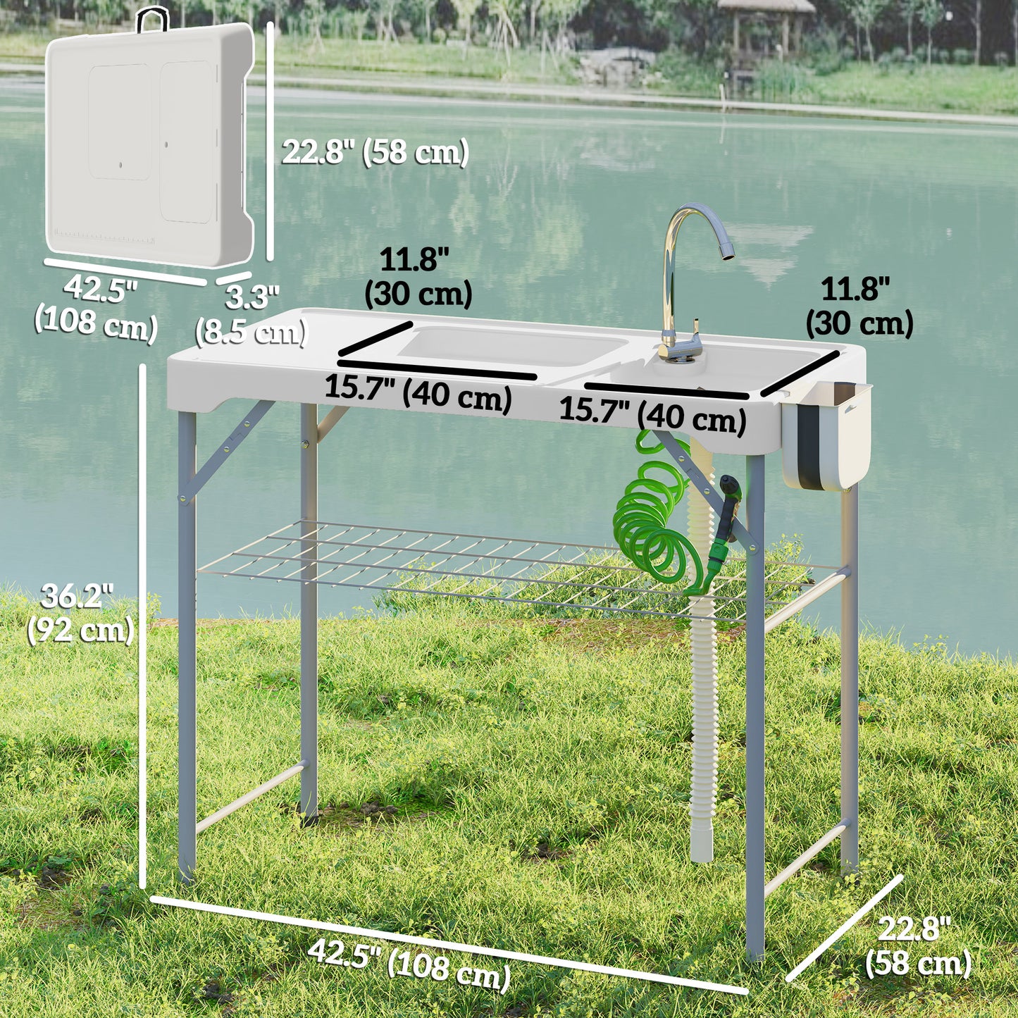Folding Fish Cleaning Table with Sinks, Camping Sink with Faucet Drainage Hose Sprayer Shelf Drawer Storage Basket, Outdoor Sink Station for Beach Patio Picnic, White