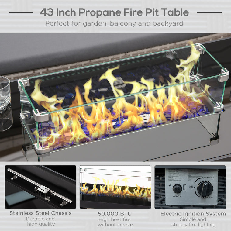 Black 43" Wicker Propane Fire Pit Table with Wind Guard