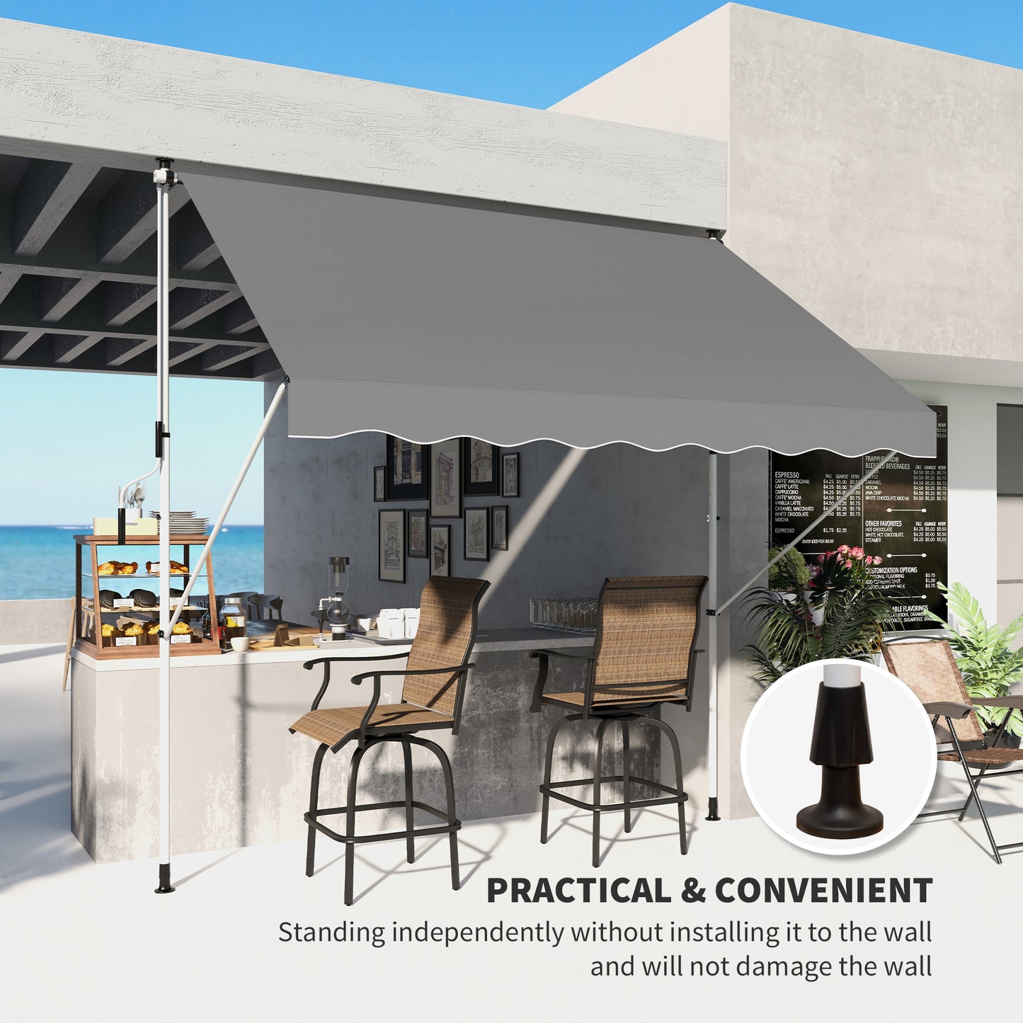 10x5ft Manual Retractable Awning, Patio Sun Shade Canopy Shelter with 5.6-9.2ft Support Pole, Water Resistant UV Protector, for Window, Door, Porch, Deck, Grey