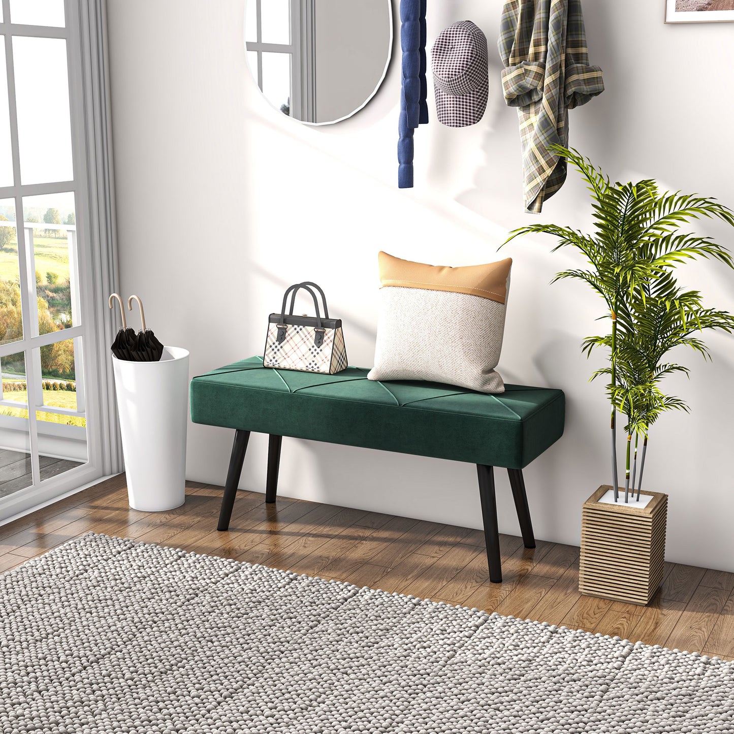 39 Inches Upholstered Bedroom Bench, Modern End of Bed Bench with Steel Legs, Green