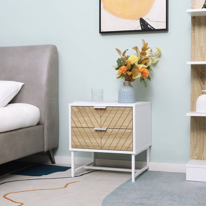 Nightstand with 2 Drawers and Steel Frame - White and Oak