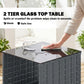 3 Piece Wicker Patio Furniture Set, Outdoor Bistro Set, Side Pockets, Mesh Seat, 2 Tier Glass Table, Cushions, Black