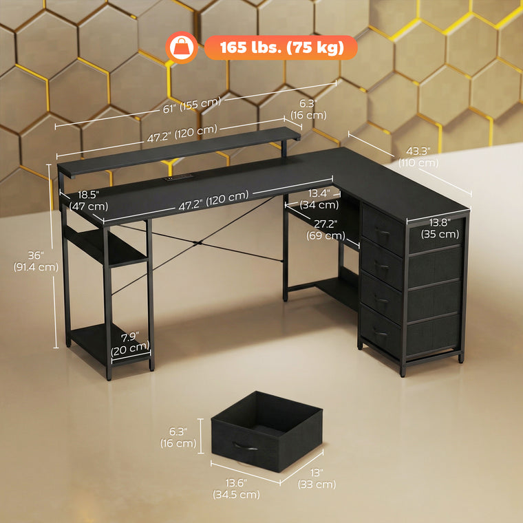 61" Gaming Desk with LED Lights and Power Outlets