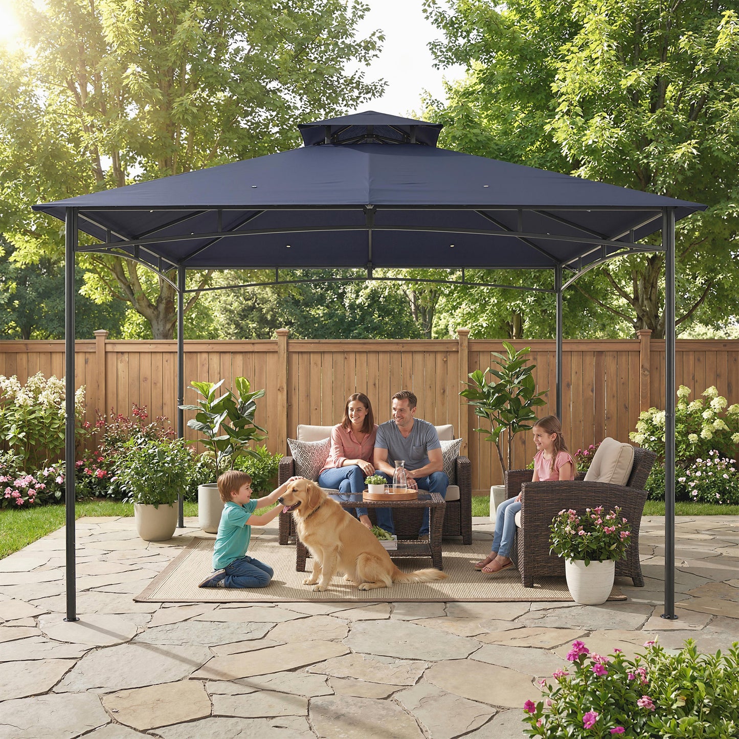 10' x 10' Gazebo, Soft Top Outdoor Gazebo with 2-Tier Roof, Metal Frame, Navy Blue