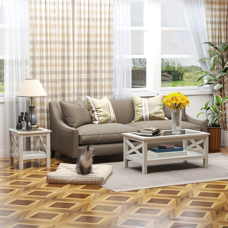 Farmhouse Glass-Top Coffee Table with Storage Shelf