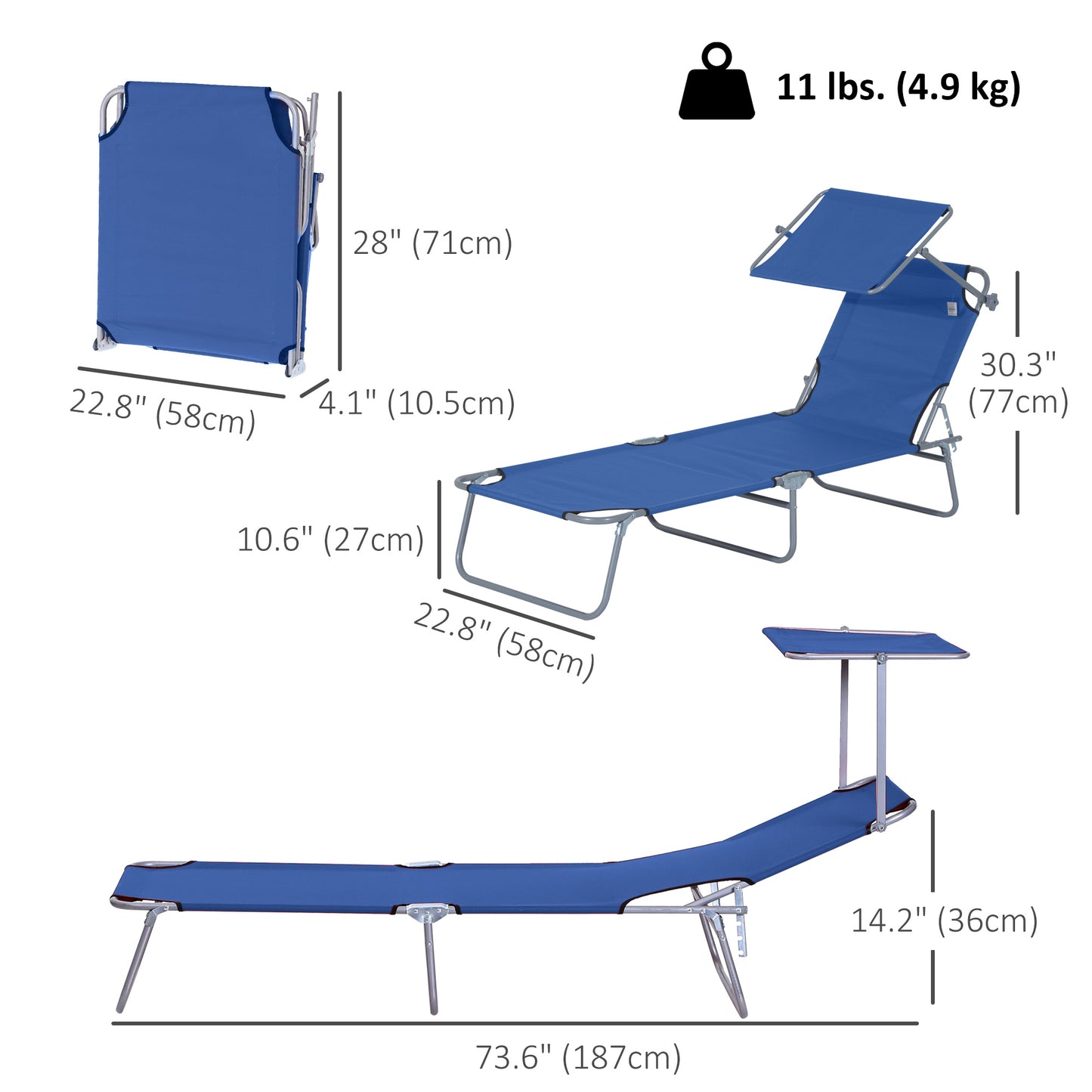 Outdoor Lounge Chair, Adjustable Folding Chaise Lounge, Tanning Chair with Sun Shade for Beach, Camping, Hiking, Backyard, Light Grey