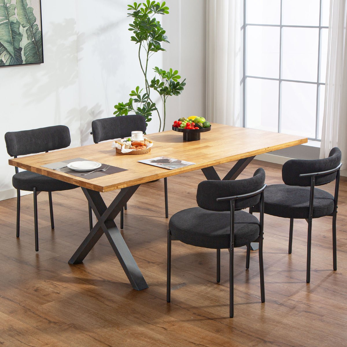 4 Pieces Kitchen Chairs, Modern Dining Chairs w/ Corduroy Upholstery and Steel Legs for Living Room, Black