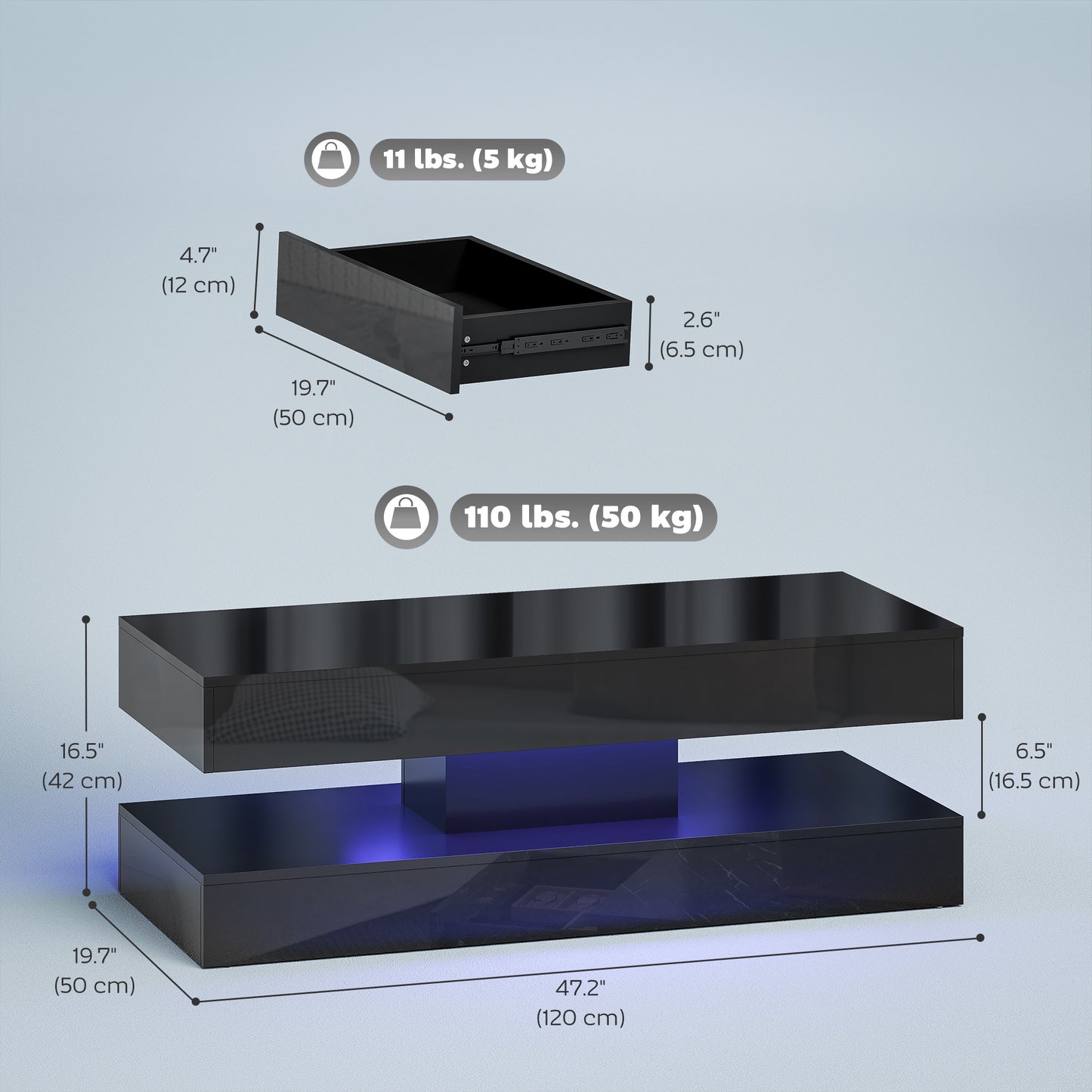 Coffee Table with Adjustable LED Lights, Modern Living Room Table with 2 Drawers, Open Shelf, Remote, High Gloss Black