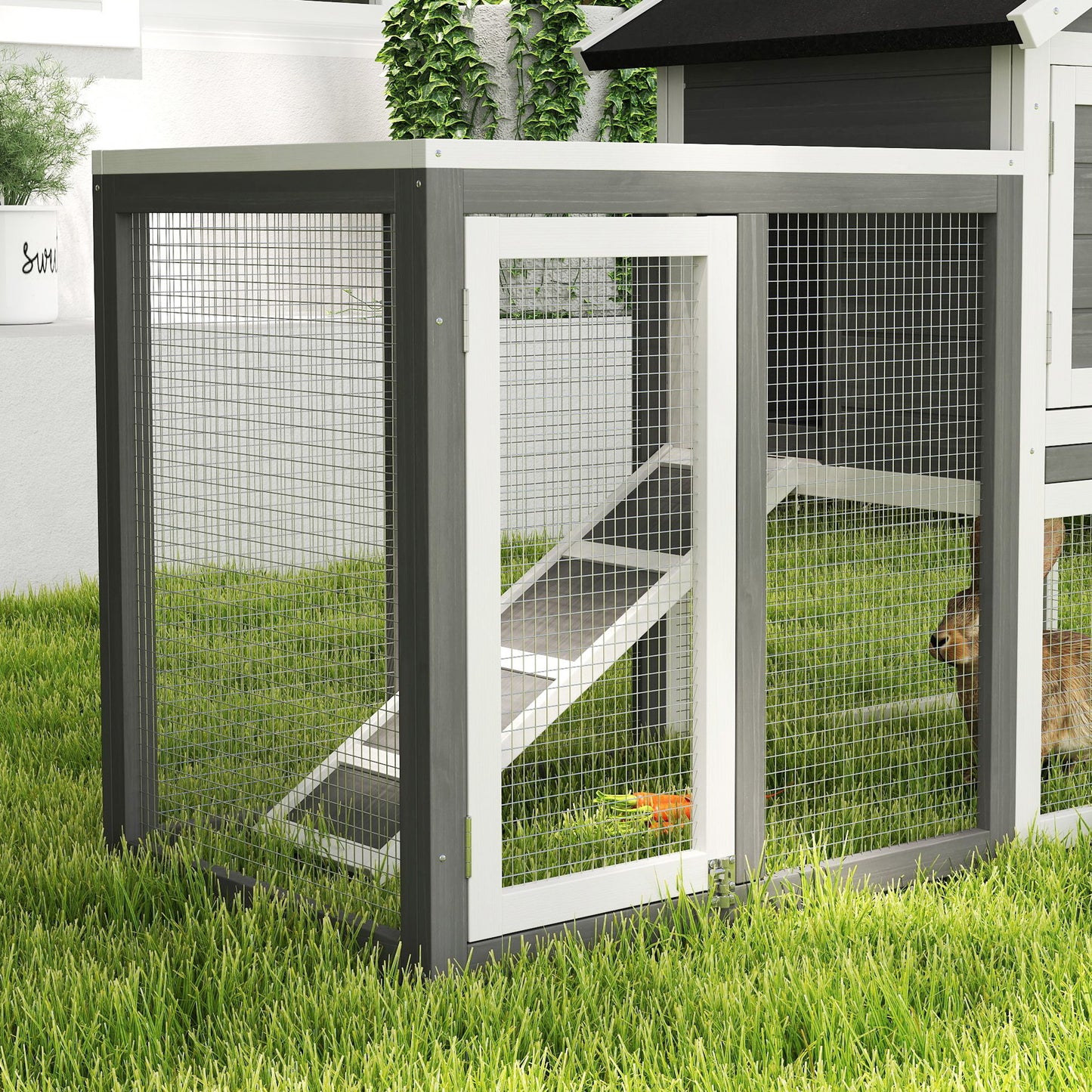 49" Weatherproof Wooden Rabbit Hutch With Slant Roof And Screened Outdoor Run, Grey