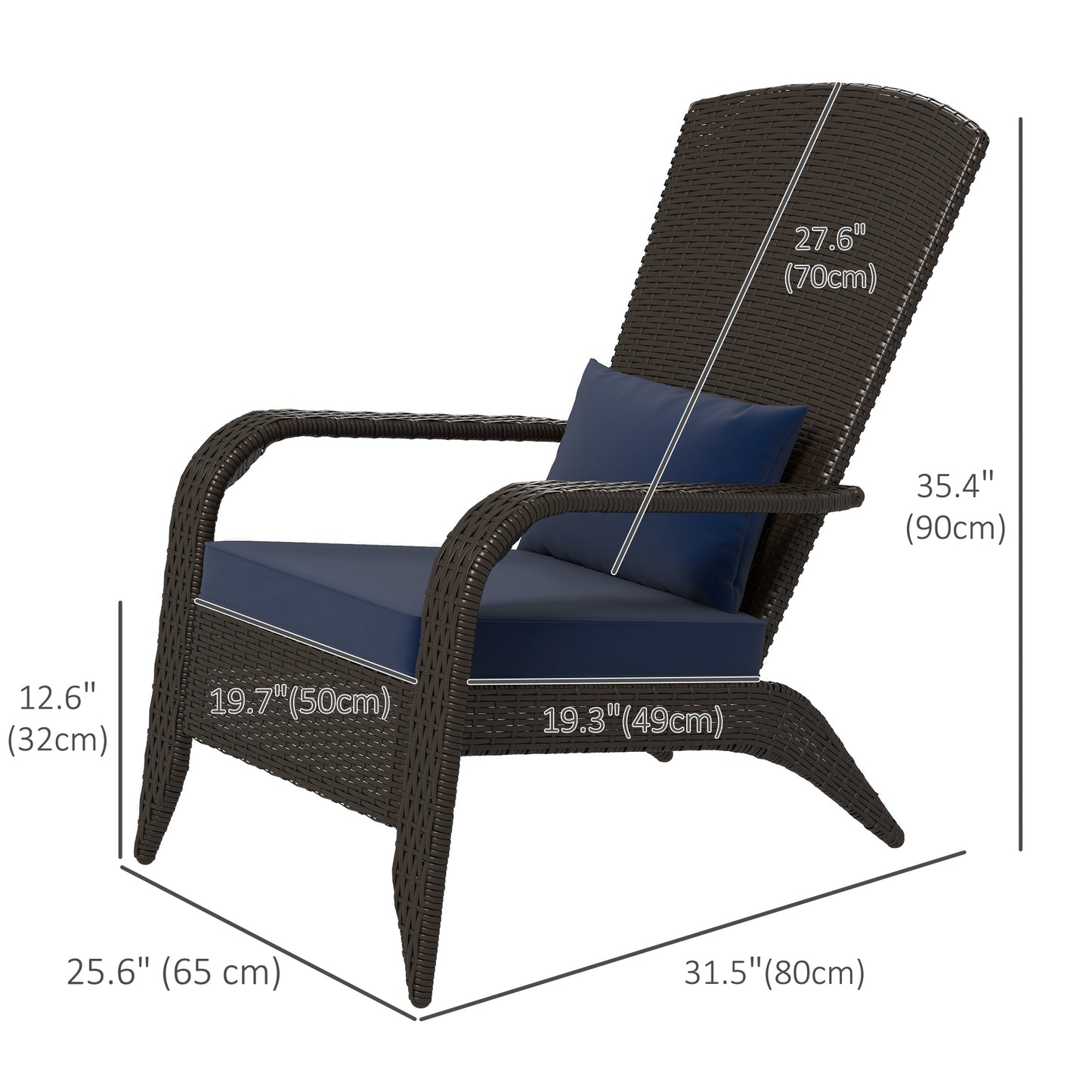 Patio Wicker Adirondack Chair, Outdoor Rattan Muskoka Chair with Cushions for Patio, Garden, Backyard Dark Blue