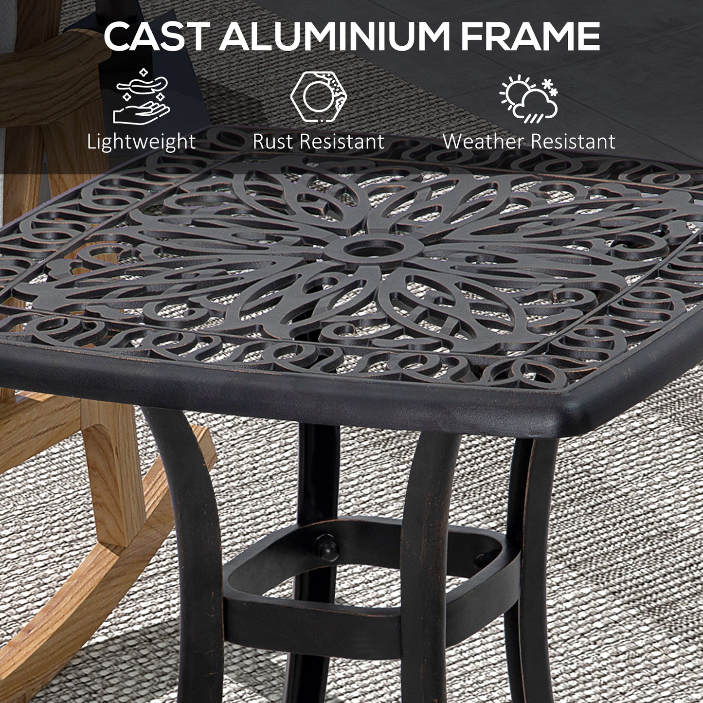 21" Square Outdoor End Table, Cast Aluminum Patio Side Table with Umbrella Hole for Garden, Balcony, Poolside, Black