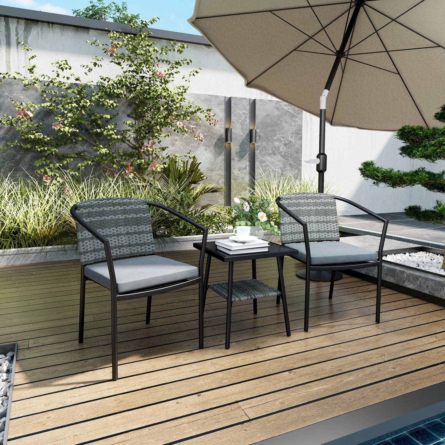 Outdoor Bistro Set, 3 Piece Wicker Patio Furniture Set with Armchairs, 2-Tier Glass Table, Cushions, Dark Grey