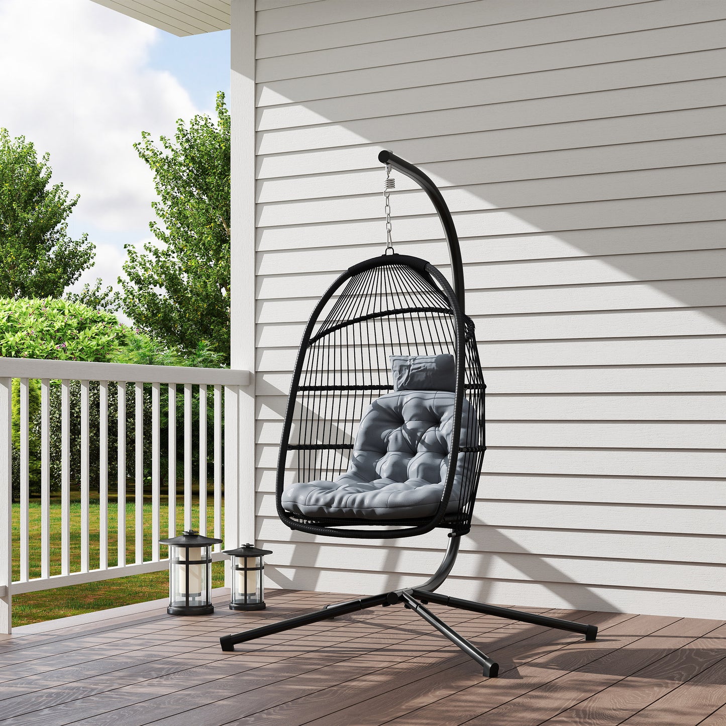 Wicker Egg Swing Chair with Stand, Foldable Hanging Egg Chair with UV Resistant Cushion, Headrest, Dark Grey