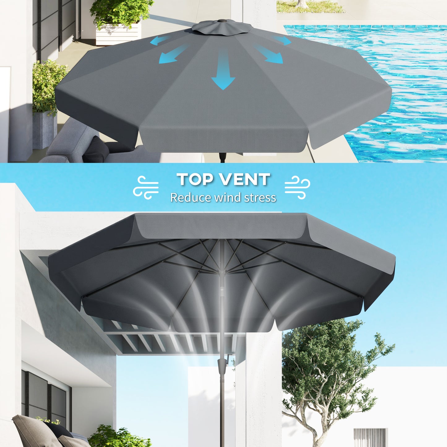 8.5 ft Outdoor Market Table Umbrella, Round Patio Umbrella with Tilt and Crank for Garden, Backyard, Deck, Dark Grey