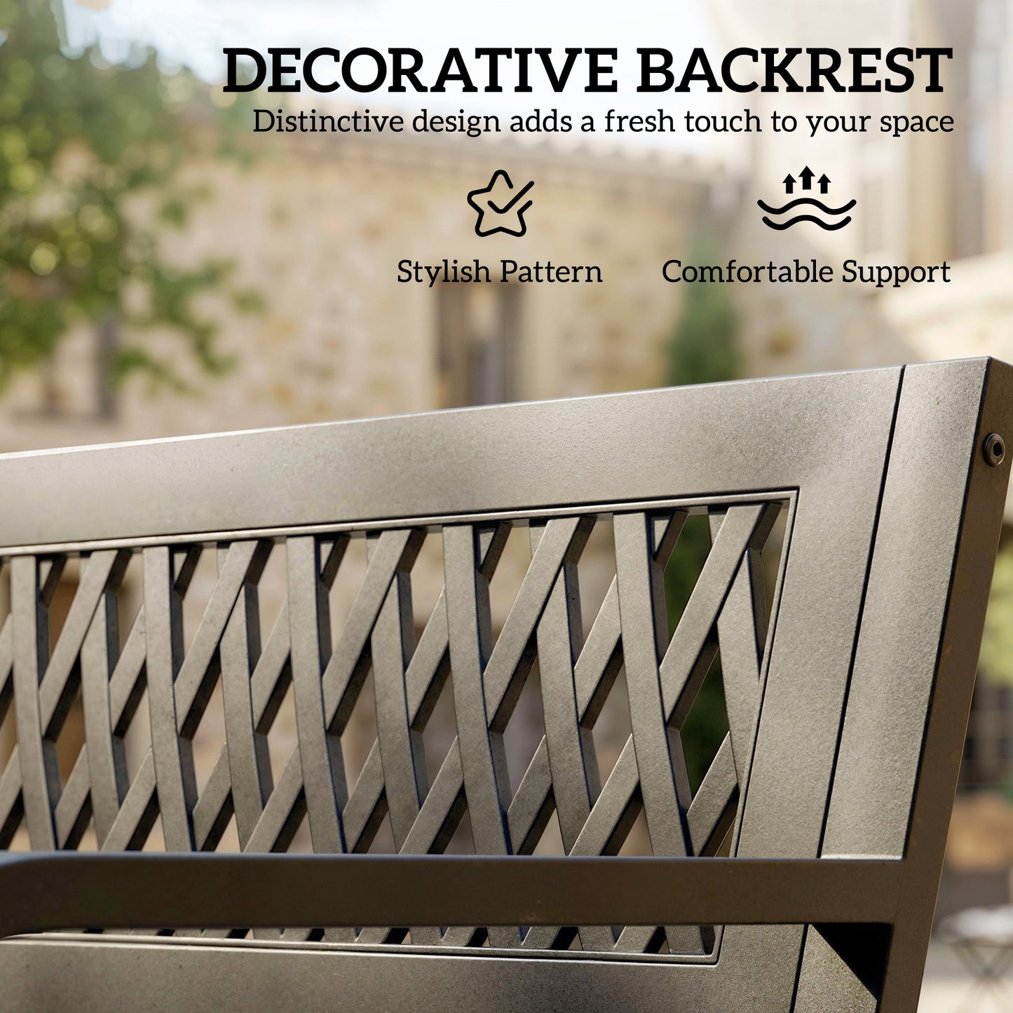 Outdoor Bench with Floral Backrest 2 Seater Garden Bench with Armrests for Yard Park Balcony Black