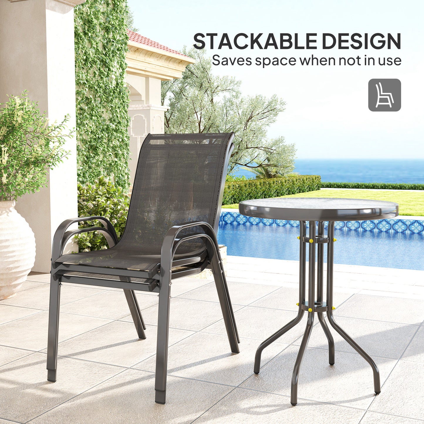 3 Pieces Bistro Set, Small Patio Furniture Set with Stackable Mesh Chairs, Glass Table for Garden, Light Mixed Brown