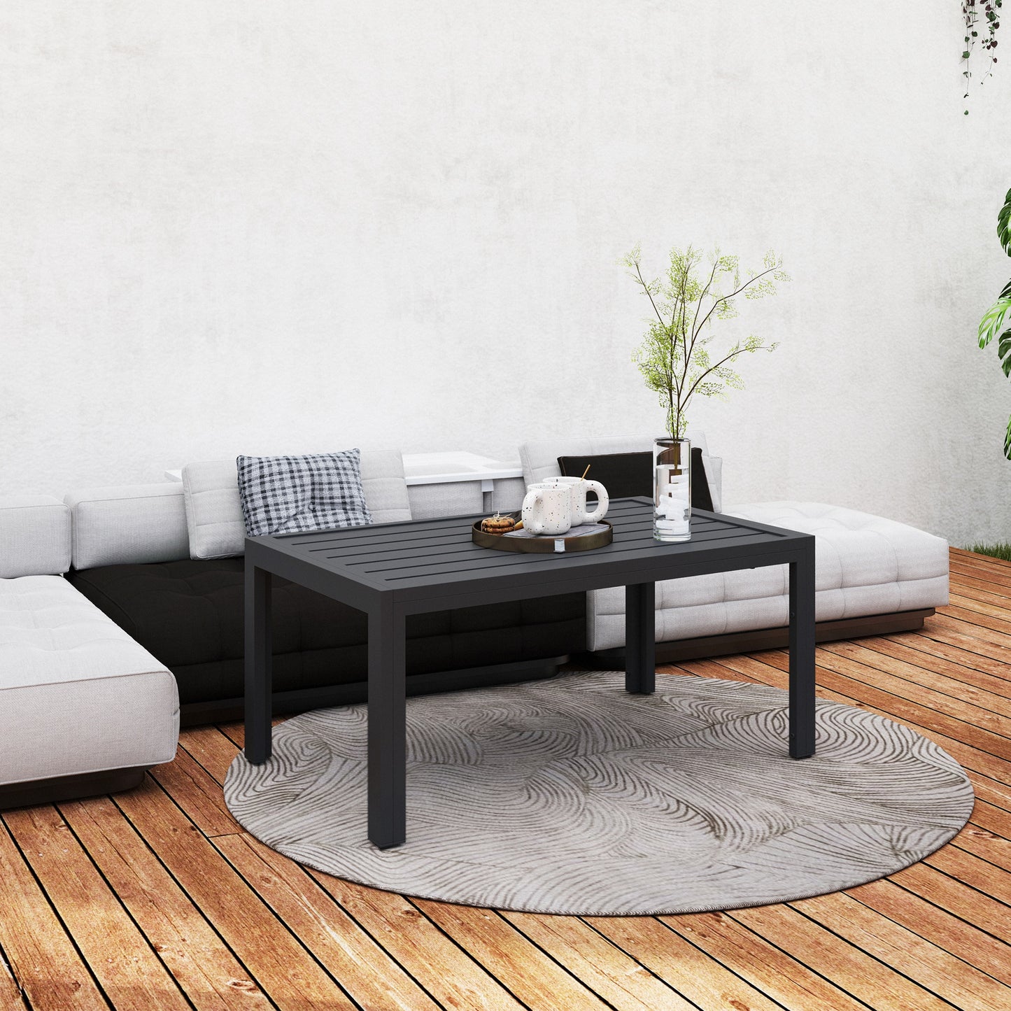 Outdoor Coffee Table, Rectangular Patio Table with Steel Frame and Slat Tabletop for Garden, Balcony, Grey