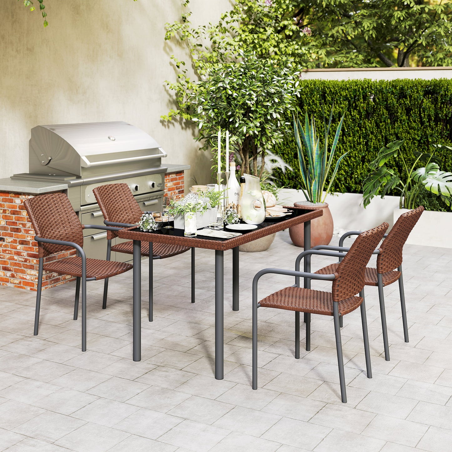 5 Pieces Outdoor Dining Set for 4, PE Wicker Rattan Patio Furniture Set with Stackable Chairs and Glass Table Top