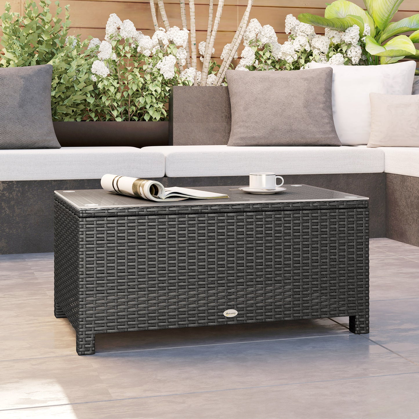 PE Wicker Outdoor Coffee Table with Glass Top Garden Patio Table, Dark Grey