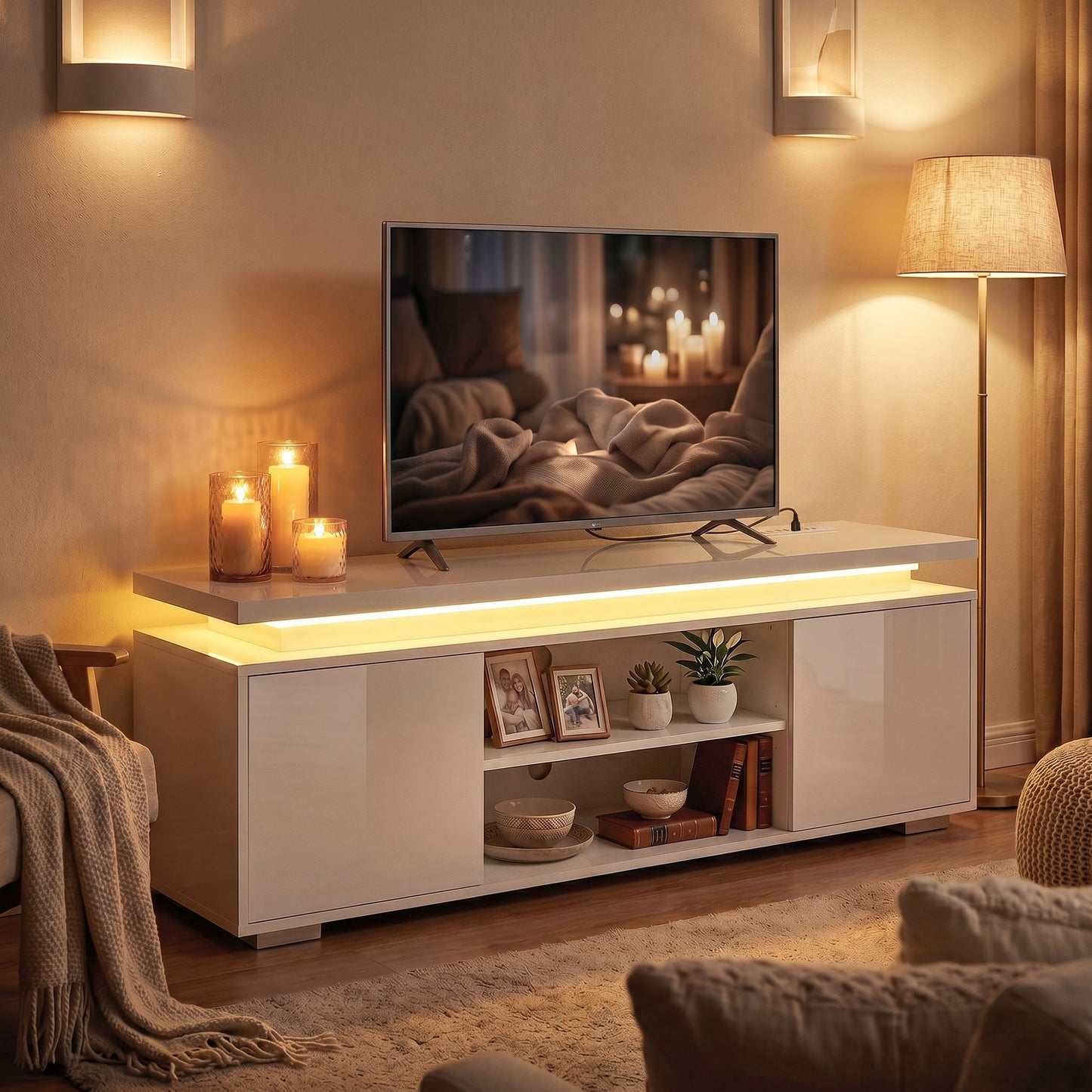 TV Stand for TVs up to 60 Inch, Modern Entertainment Center with LED Lights and Power Outlets, High Gloss White