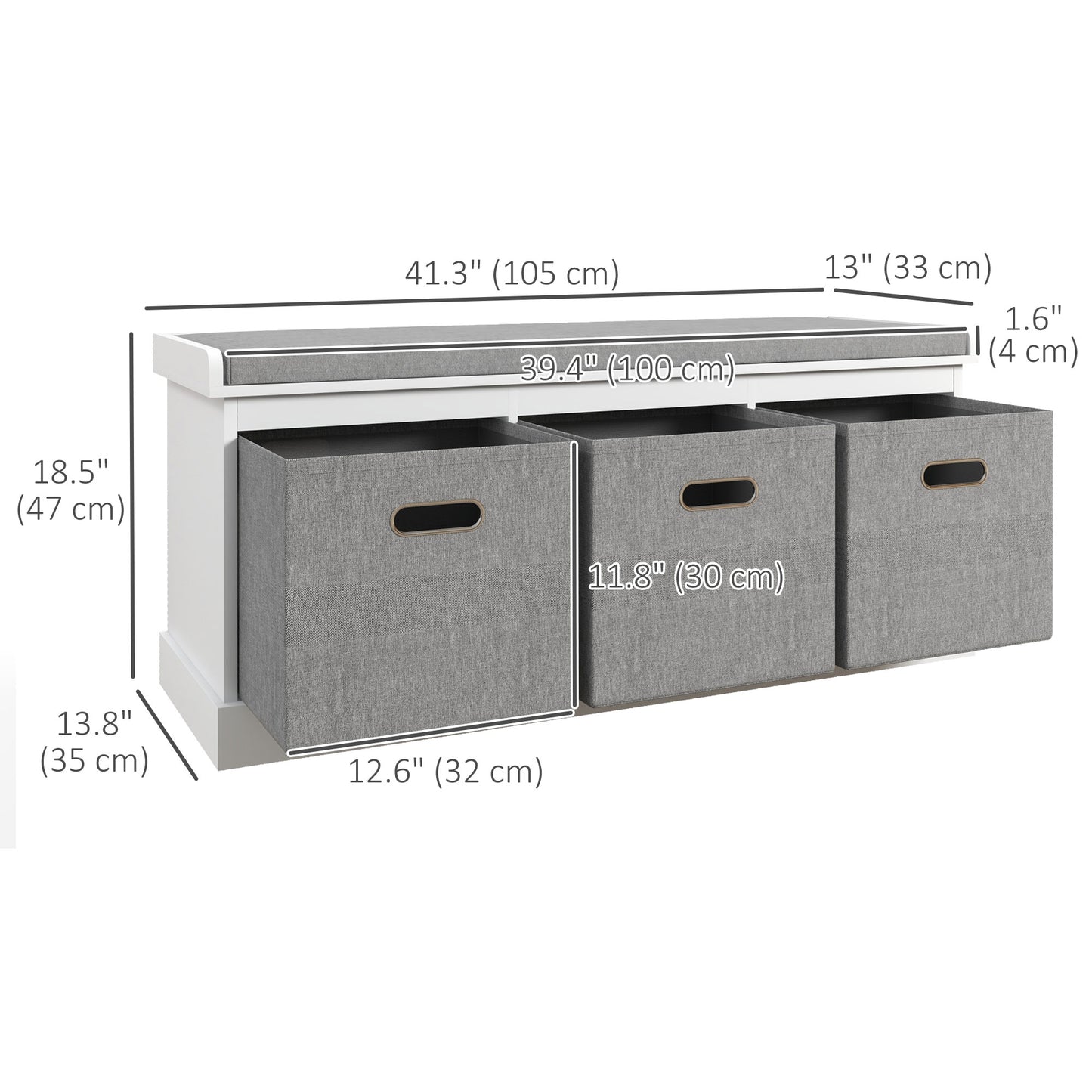 Shoe Storage Bench with Seat, Entryway Bench Seat with Cushion, 3 Fabric Drawers for Hallway, White