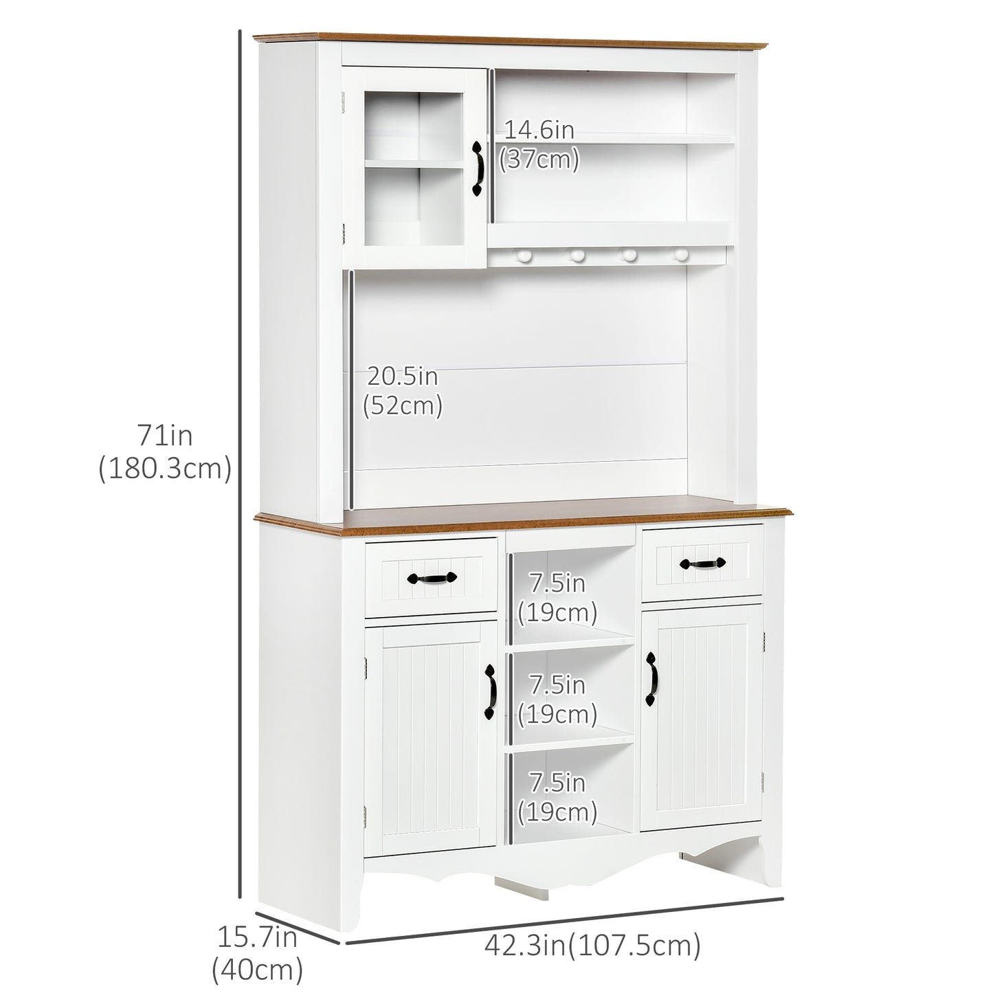 71" Kitchen Buffet with Hutch, Farmhouse Style Storage Cupboard with Utility Drawer, 3 Door Cabinets and 5-tier Shelves, White