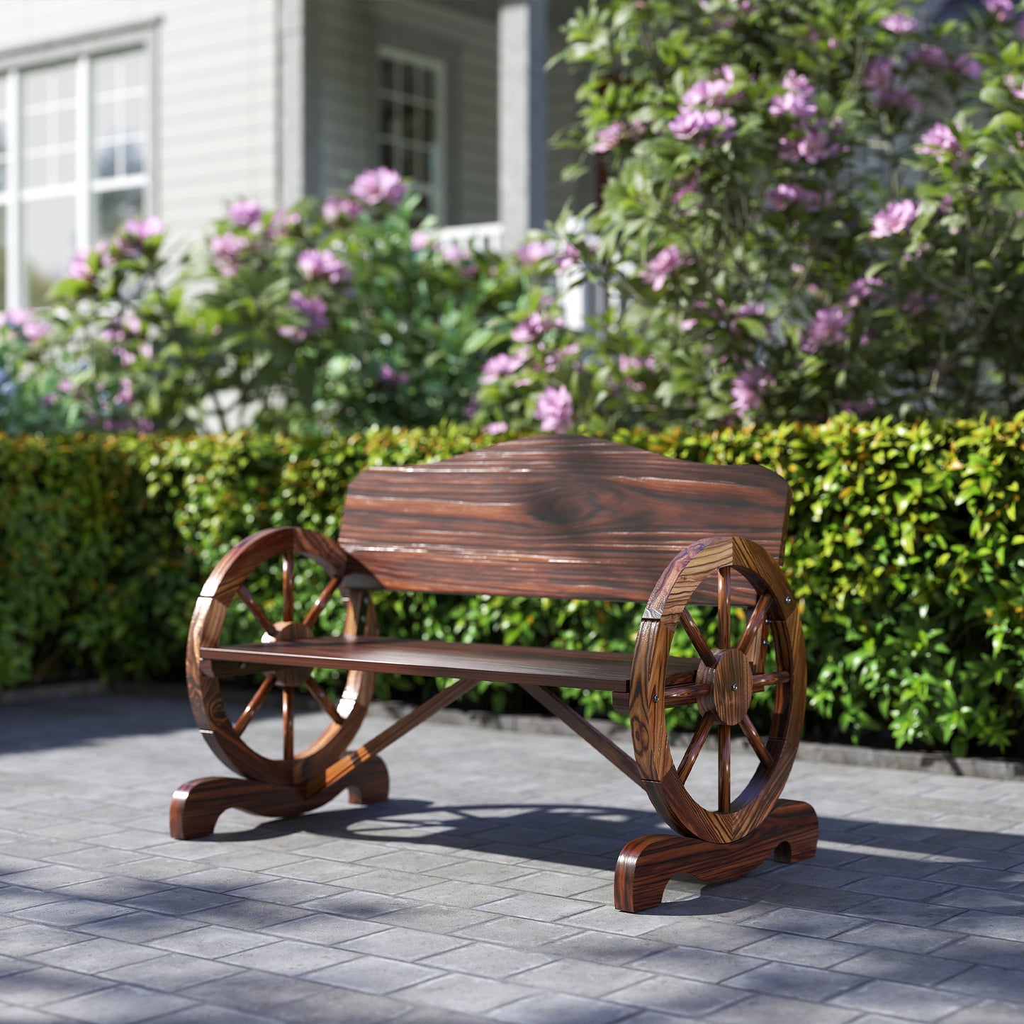 Wooden Outdoor Bench, Garden Patio Loveseat with Wagon Wheel Armrests, 528LBS Capacity, Carbonized