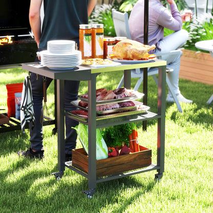 3-Tier Grill Cart with Foldable Side Table & Stainless Steel Top