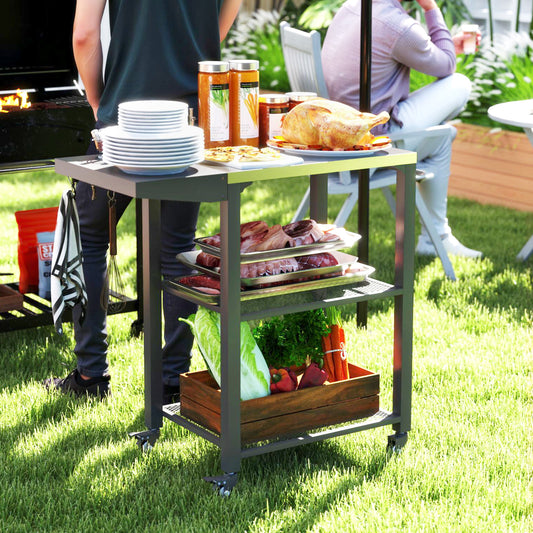 Outdoor Grill Cart w/ Foldable Side Table, 3-Tier Pizza Oven Stand w/ Stainless Steel Tabletop, Hooks, Wheels