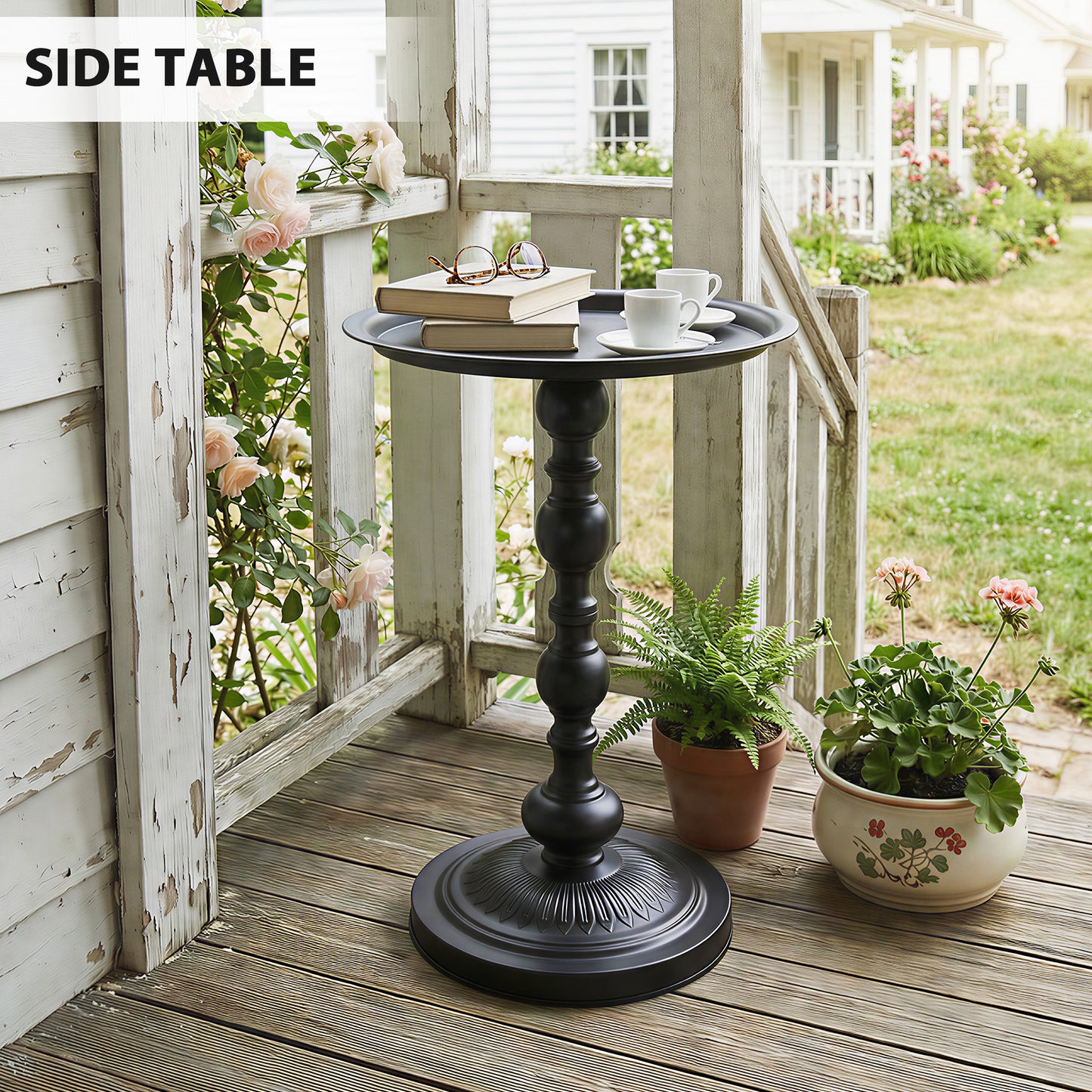 15.4" Round Outdoor Side Table, Tray Top Metal Patio Table with Retro Column Base for Indoor, Balcony, Garden, Black