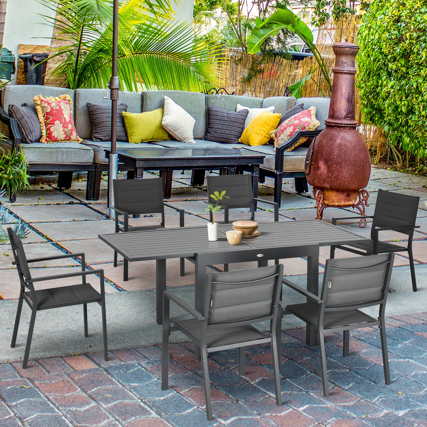 Patio Dining Set for 6, Aluminum Expandable Outdoor Table and 6 Stackable Chairs with Padded Back, Mesh Seat, Black